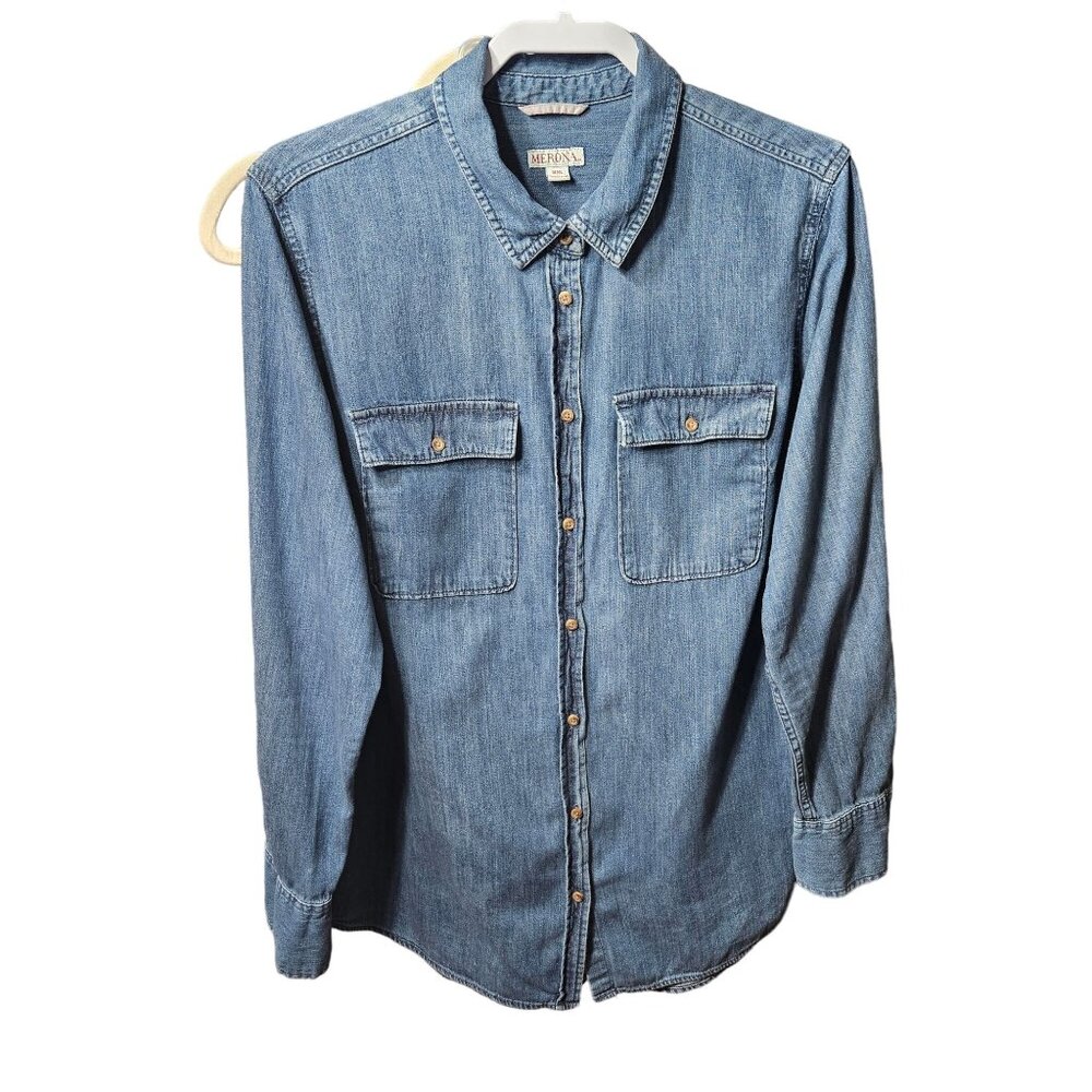 Merona Mens Denim Button-Up Shirt XXL Made In Indonesia